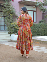 Gulmohar Riwaaz Printed Anarkali  Suit Set With Mul Cotton Dupatta