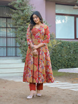 Gulmohar Riwaaz Printed Anarkali  Suit Set With Mul Cotton Dupatta