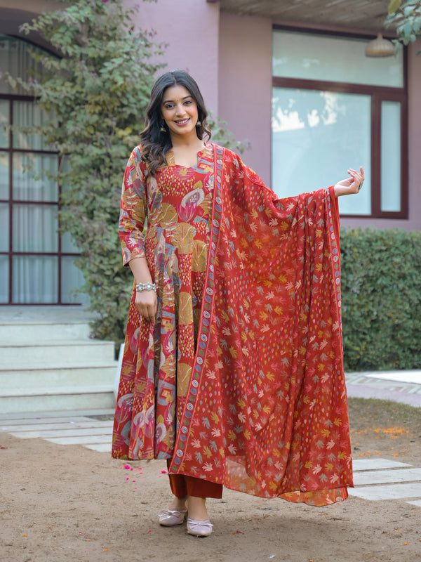 Gulmohar Riwaaz Printed Anarkali  Suit Set With Mul Cotton Dupatta