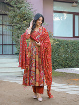 Gulmohar Riwaaz Printed Anarkali  Suit Set With Mul Cotton Dupatta