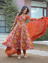 Gulmohar Riwaaz Printed Anarkali  Suit Set With Mul Cotton Dupatta