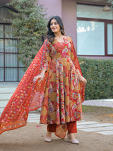 Gulmohar Riwaaz Printed Anarkali  Suit Set With Mul Cotton Dupatta