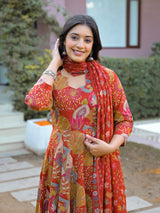 Gulmohar Riwaaz Printed Anarkali  Suit Set With Mul Cotton Dupatta