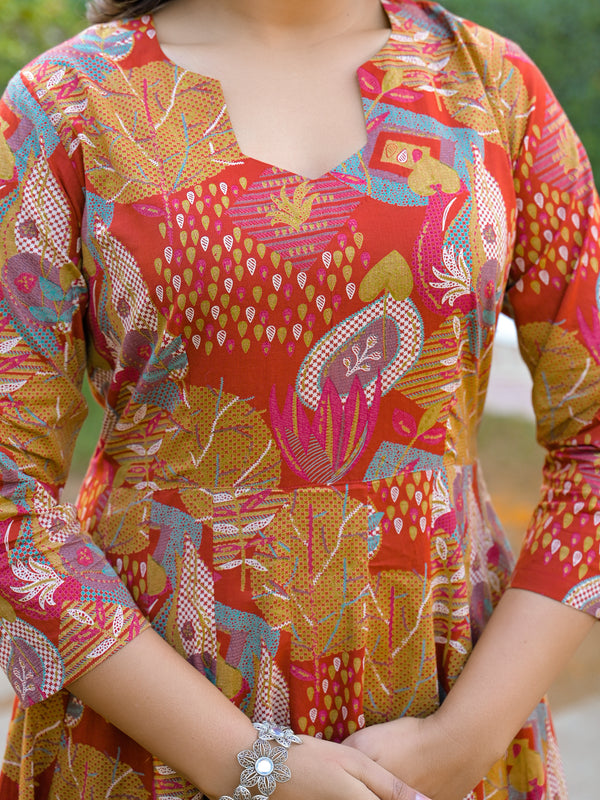 Gulmohar Riwaaz Printed Anarkali  Suit Set With Mul Cotton Dupatta