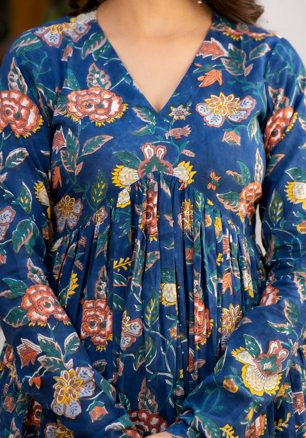 Izza Blue Floral Handblock Print Suit Set