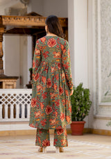 Najia Green Floral Handblock Print Kurta Only