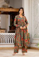 Najia Green Floral Handblock Print Kurta Only