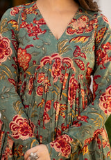 Najia Green Floral Handblock Print Kurta Only
