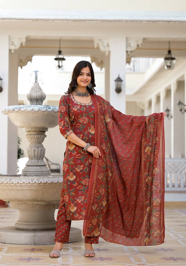 Fire Brick Floral Unstitched Cotton Suit Set