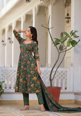 Tarin Green Floral Print Embroidered Suit Set