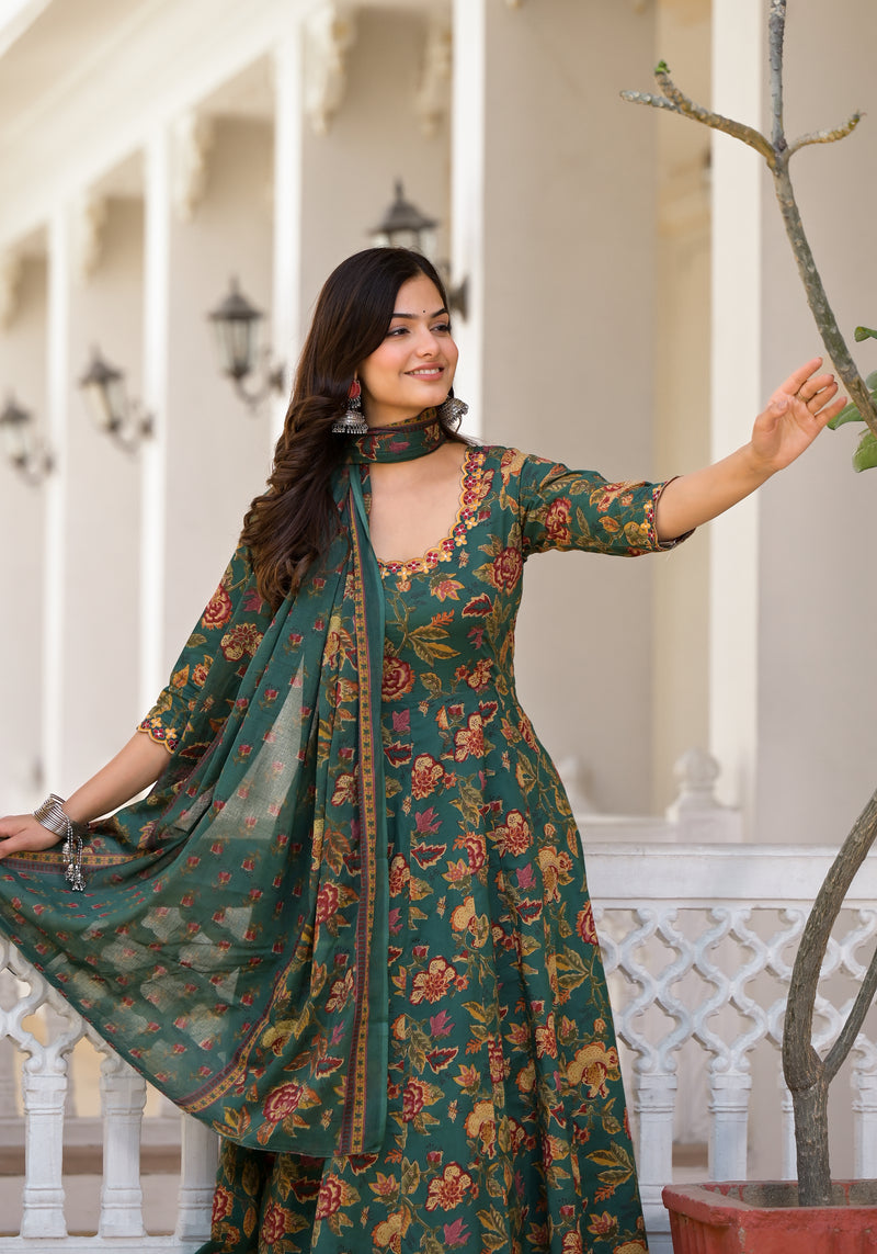 Tarin Green Floral Print Embroidered Suit Set