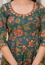 Tarin Green Floral Print Embroidered Kurta Only