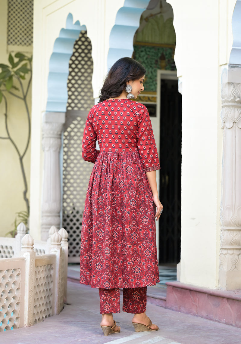 Maheen Maroon Cotton Alia Cut Suit Set