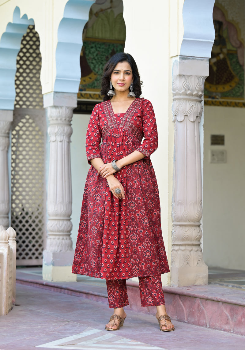 Maheen Maroon Cotton Alia Cut Suit Set