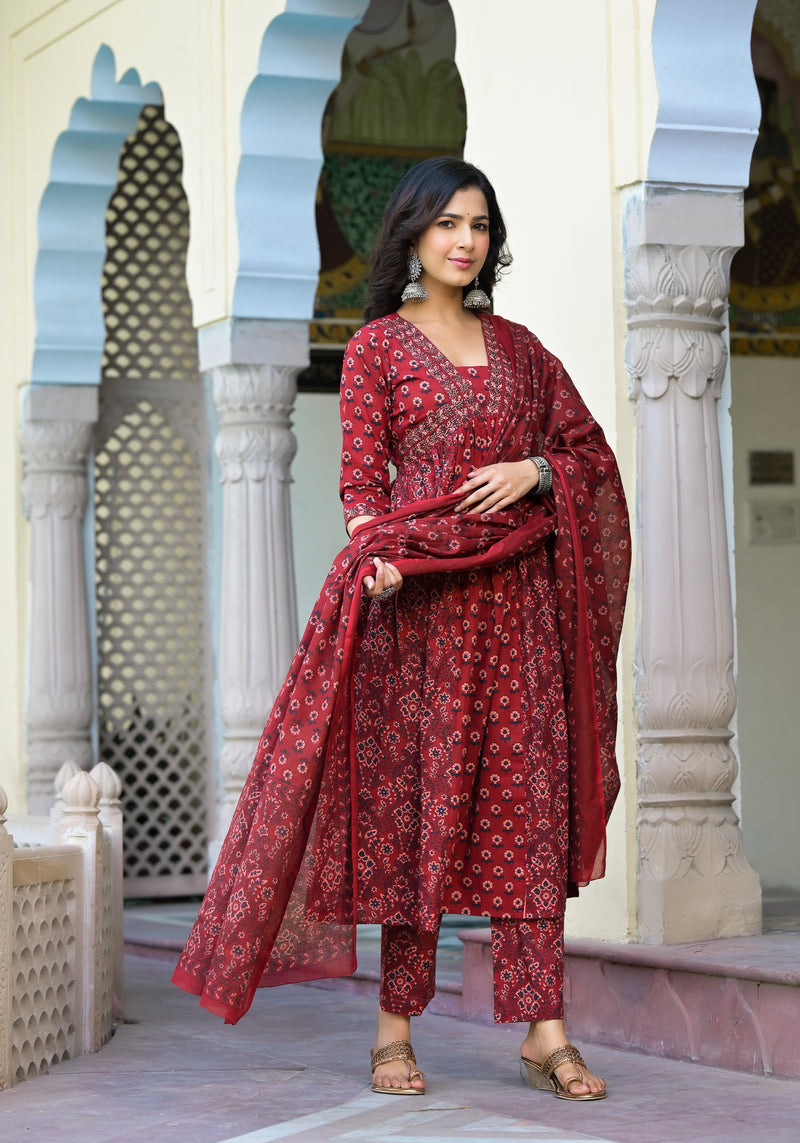 Maheen Maroon Cotton Alia Cut Suit Set