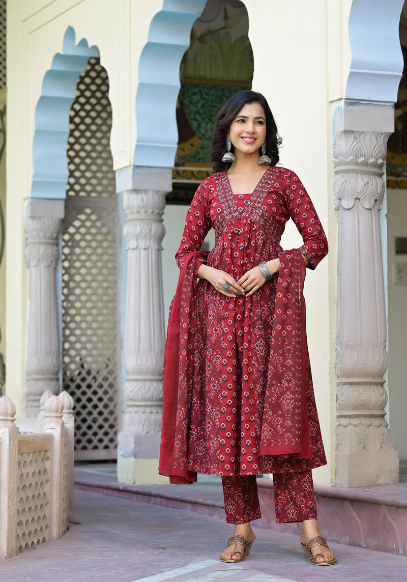 Maheen Maroon Cotton Alia Cut Suit Set