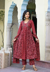 Maheen Maroon Cotton Alia Cut Suit Set