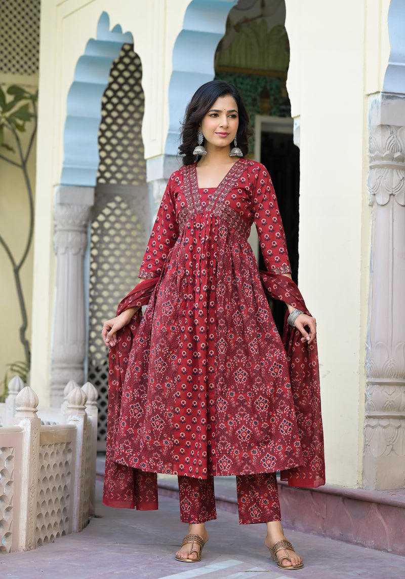 Maheen Maroon Cotton Alia Cut Suit Set