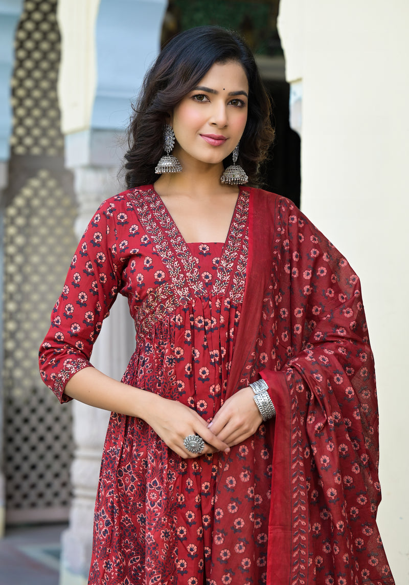 Maheen Maroon Cotton Alia Cut Suit Set