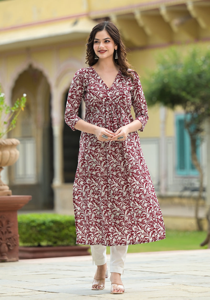 Raina Red Jaal Print Cotton Straight Kurta