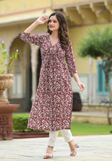 Raina Red Jaal Print Cotton Straight Kurta