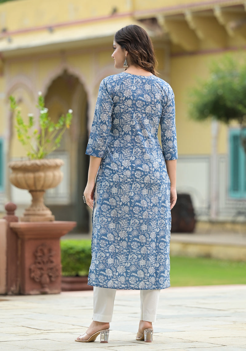 Neer Blue Jaal Print Cotton Straight Kurta