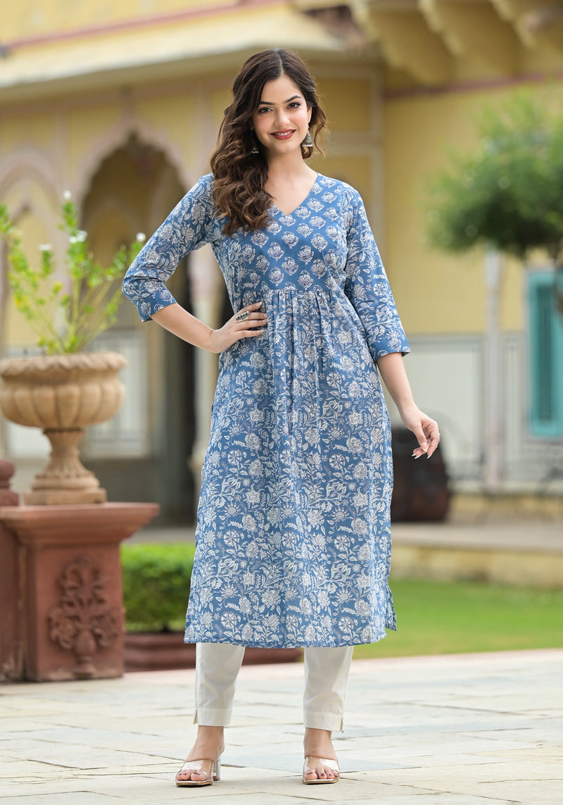 Neer Blue Jaal Print Cotton Straight Kurta