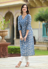 Neer Blue Jaal Print Cotton Straight Kurta