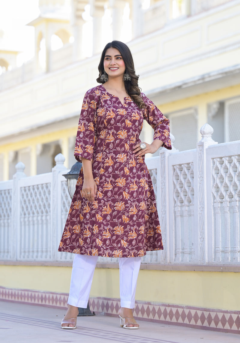 Urvashi Floral Handblock Printed A- Line Kurta