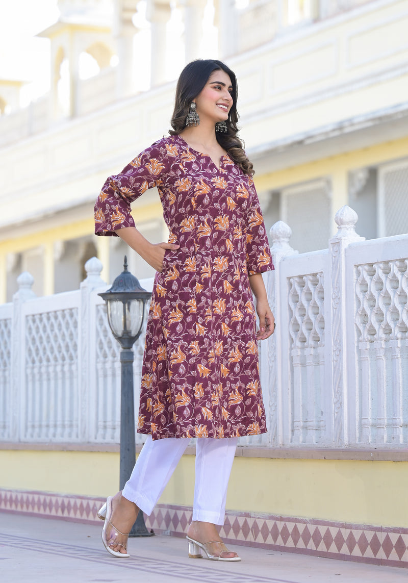 Urvashi Floral Handblock Printed A- Line Kurta