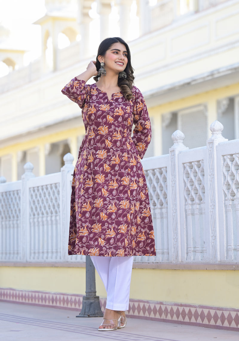 Urvashi Floral Handblock Printed A- Line Kurta