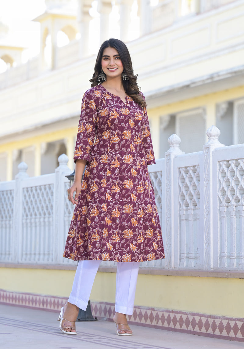 Urvashi Floral Handblock Printed A- Line Kurta