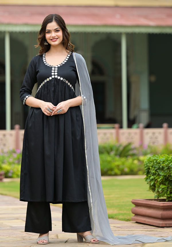 Kalankriti Black Cotton Alia Cut Handwork Suit Set