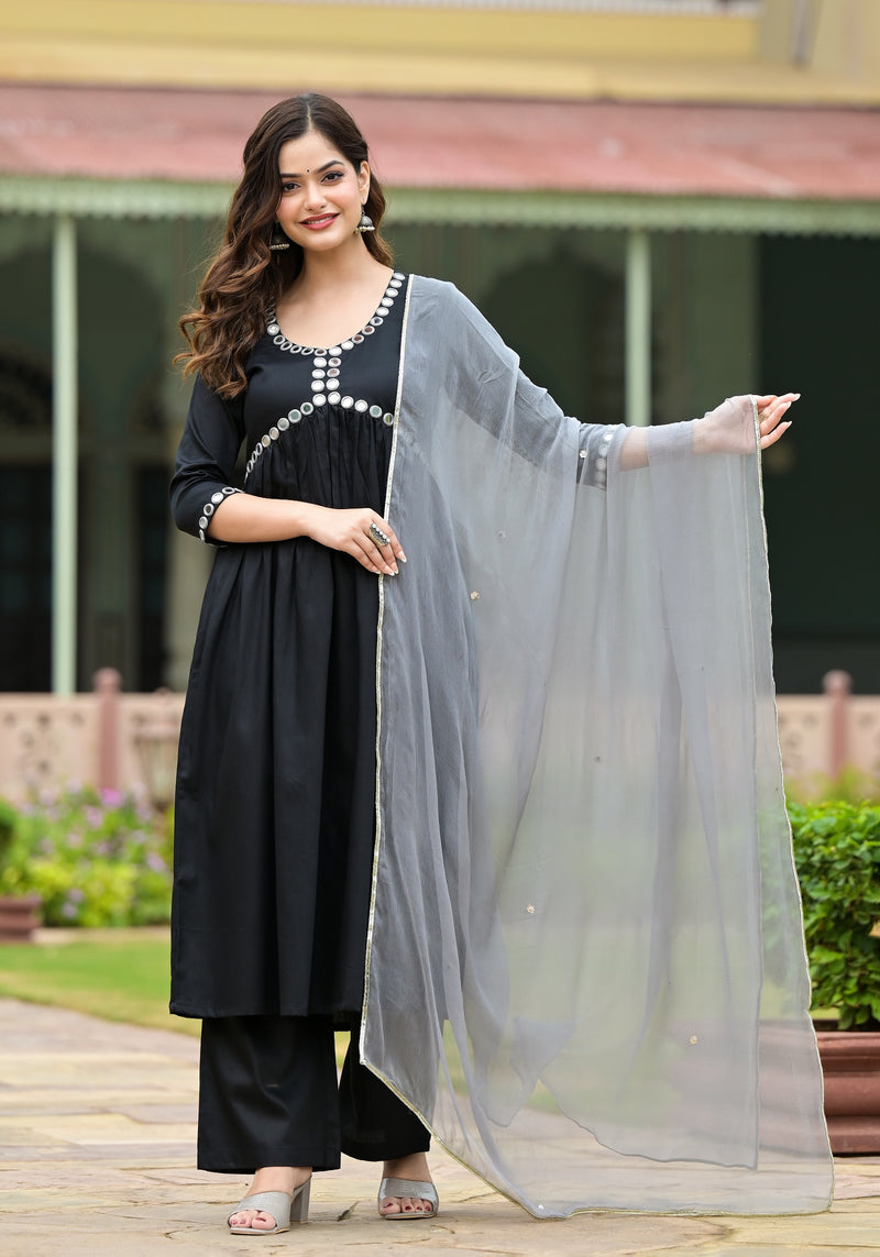 Kalankriti Black Cotton Alia Cut Handwork Suit Set