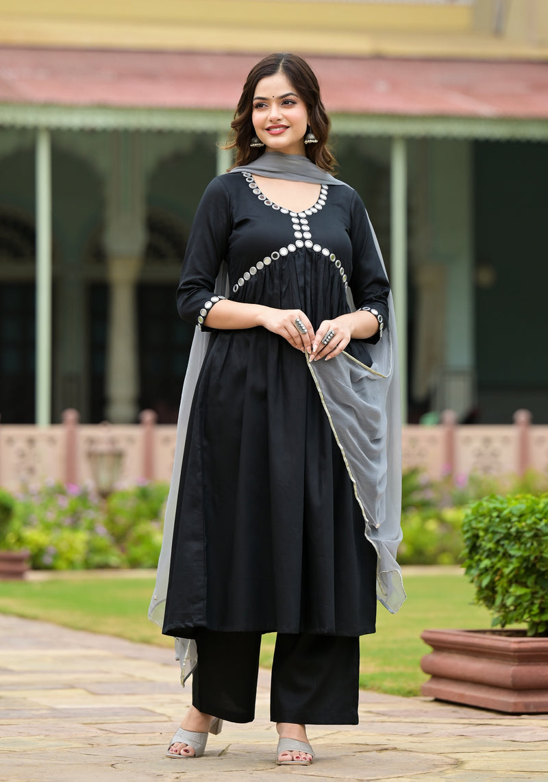 Kalankriti Black Cotton Alia Cut Handwork Suit Set