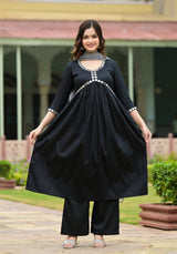 Kalankriti Black Cotton Alia Cut Handwork Suit Set