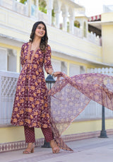 Ryza Megenta Floral Flarey Suit Set
