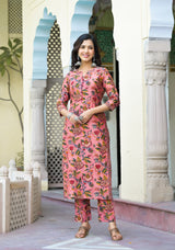 Panchita Peach Floral Handblock Chanderi Suit Set