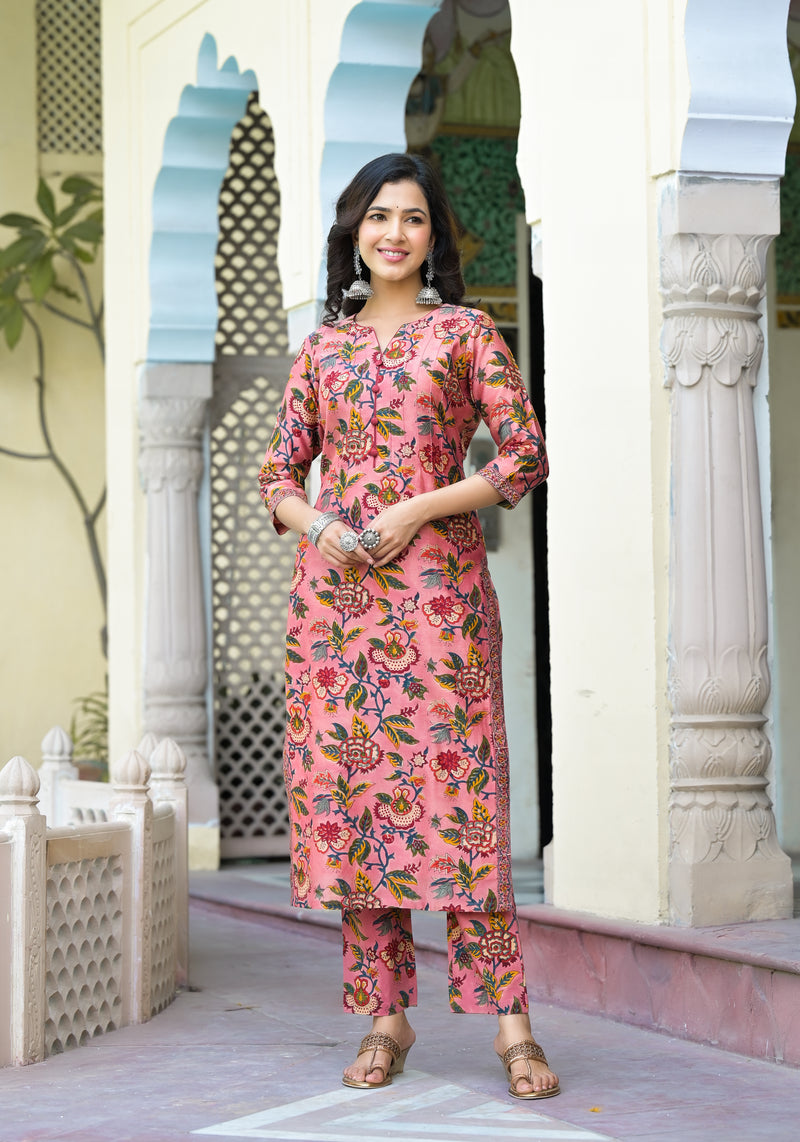 Panchita Peach Floral Handblock Pintuck Chanderi Suit Set