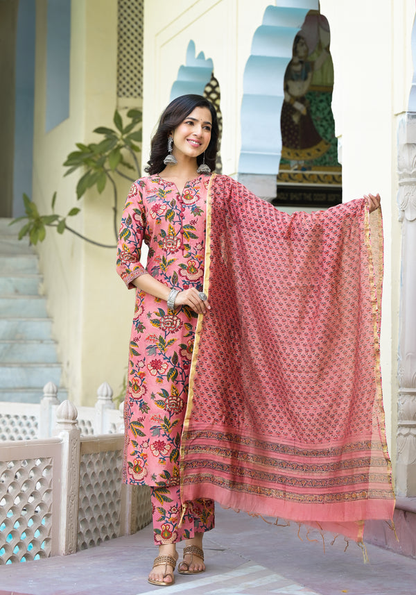Panchita Peach Floral Handblock Chanderi Suit Set