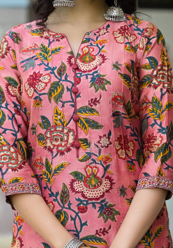 Panchita Peach Floral Handblock Pintuck Chanderi Suit Set