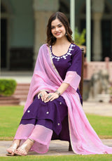 Paakiza Purple Cotton Straight Handwork Suit Set