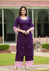 Paakiza Purple Cotton Straight Handwork Suit Set