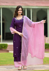 Paakiza Purple Cotton Straight Handwork Suit Set