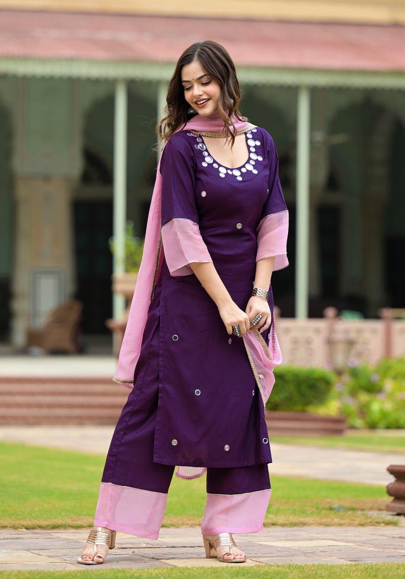 Paakiza Purple Cotton Straight Handwork Suit Set