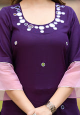 Paakiza Purple Cotton Straight Handwork Suit Set