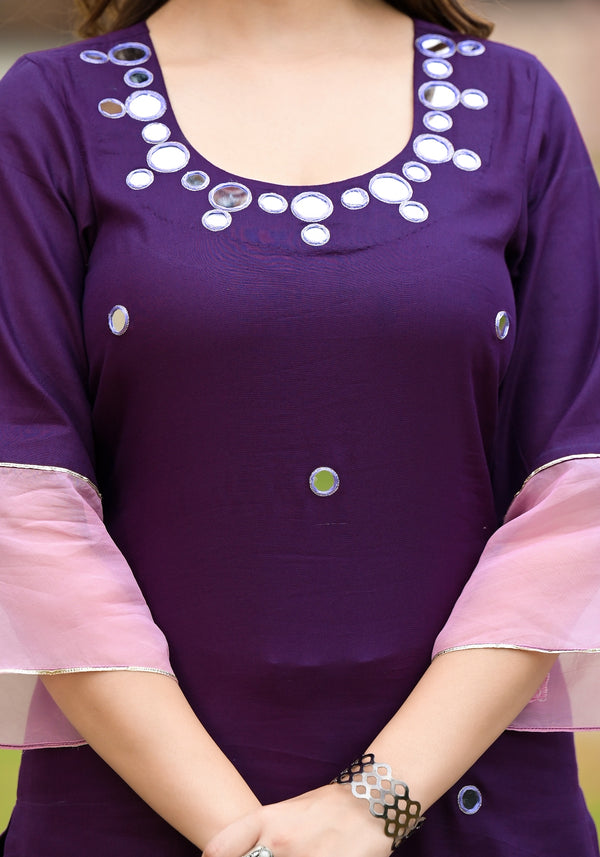 Paakiza Purple Cotton Straight Handwork Suit Set