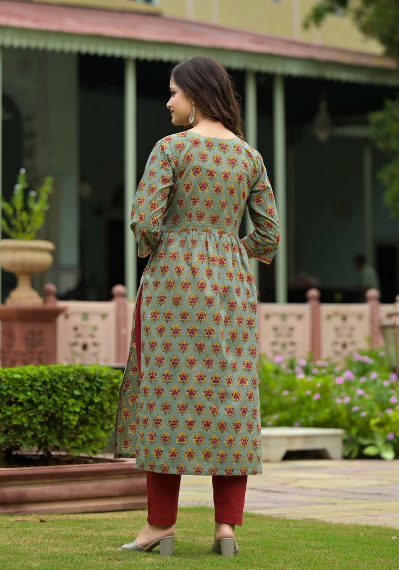 Gulbarg Green Hand Block Buti Print Cotton Kurta