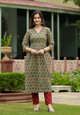 Gulbarg Green Hand Block Buti Print Cotton Kurta