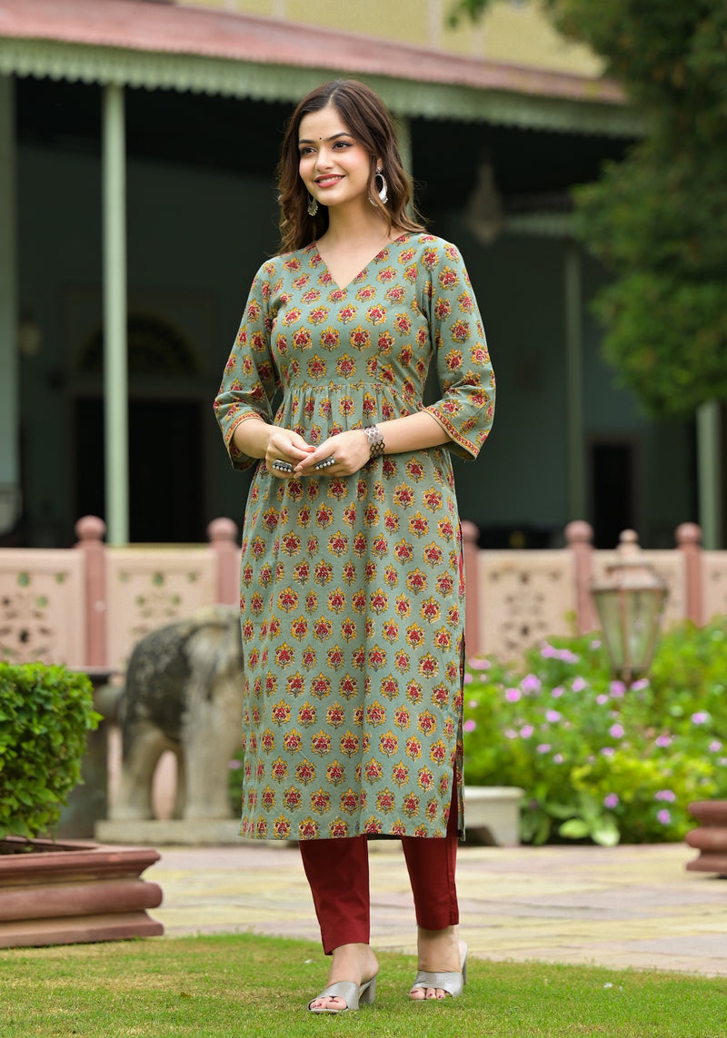 Gulbarg Green Hand Block Buti Print Cotton Kurta